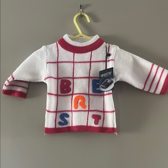 White Knit Sweater with Pink Accents - Picture 1 of 3